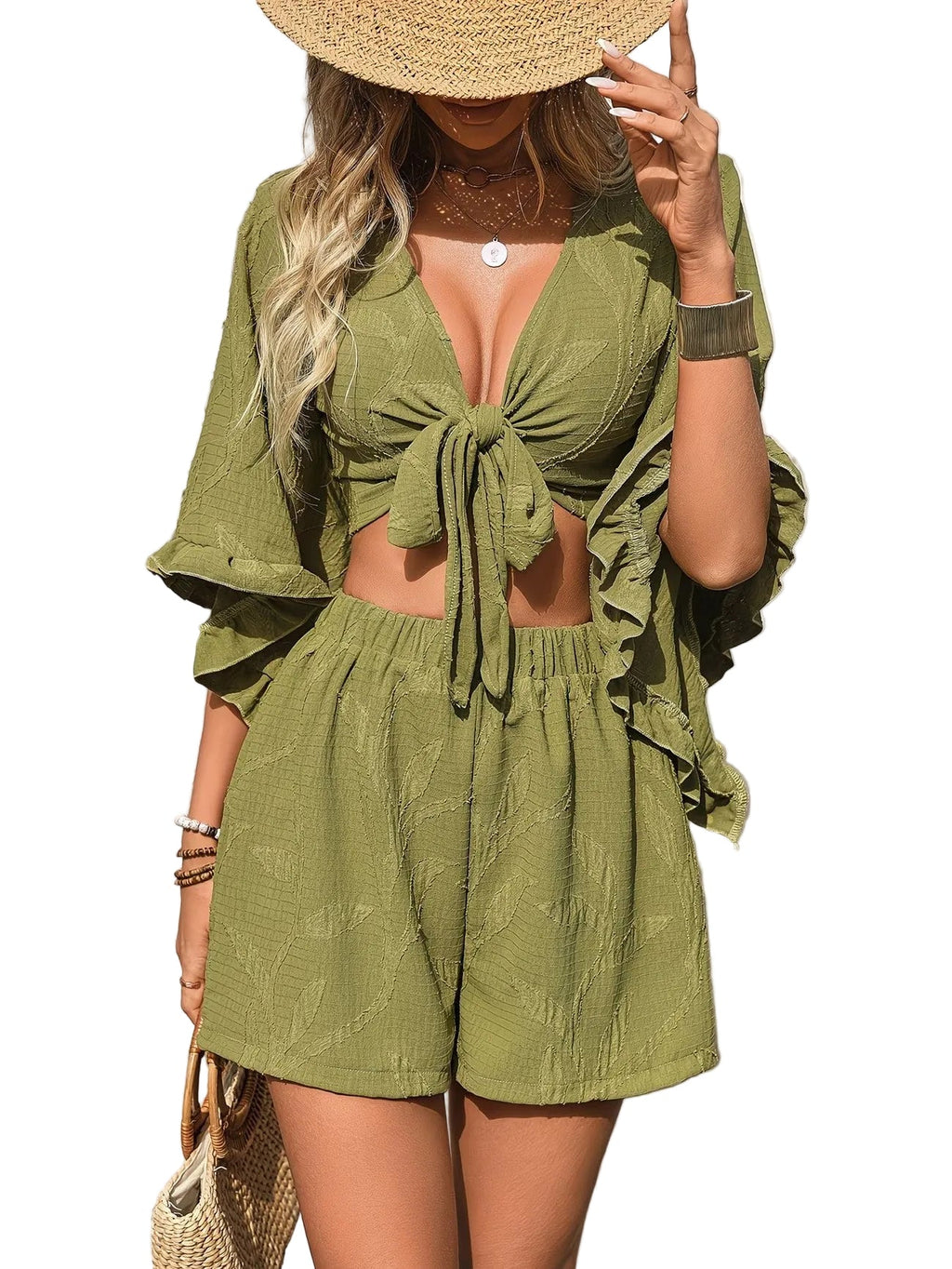 Women's Soft Leaf Motif Two Piece Set | Stylish Crop Top and High-Waisted Shorts for Summer 0