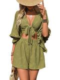 Women's Soft Leaf Motif Two Piece Set | Stylish Crop Top and High-Waisted Shorts for Summer 0