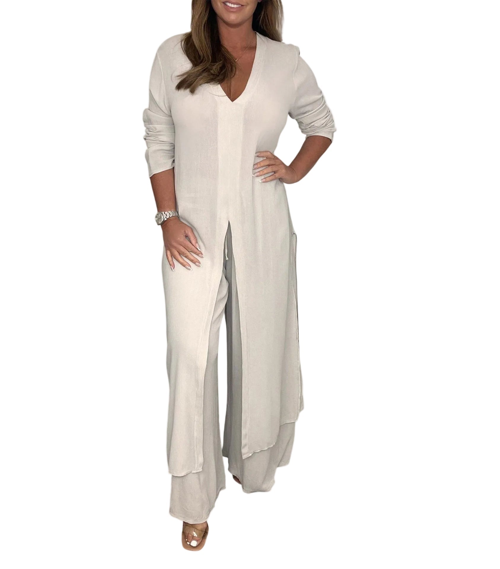 Women's Soft V-Neck Longline Two-Piece Set | Stylish Casual Outfit for Every Occasion 0