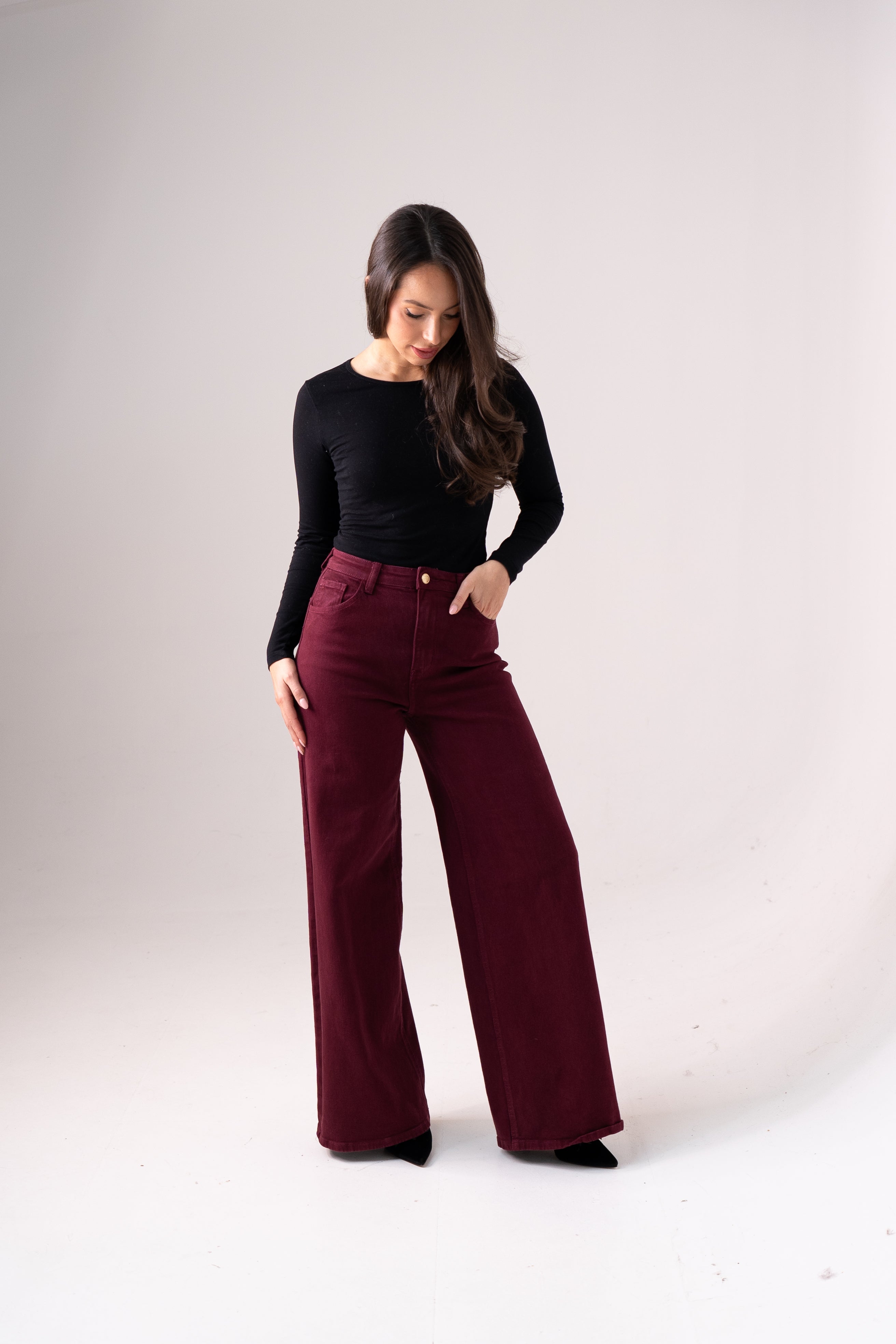 Women's Stretch Denim Jeans | Comfortable Burgundy Everyday Pants 0
