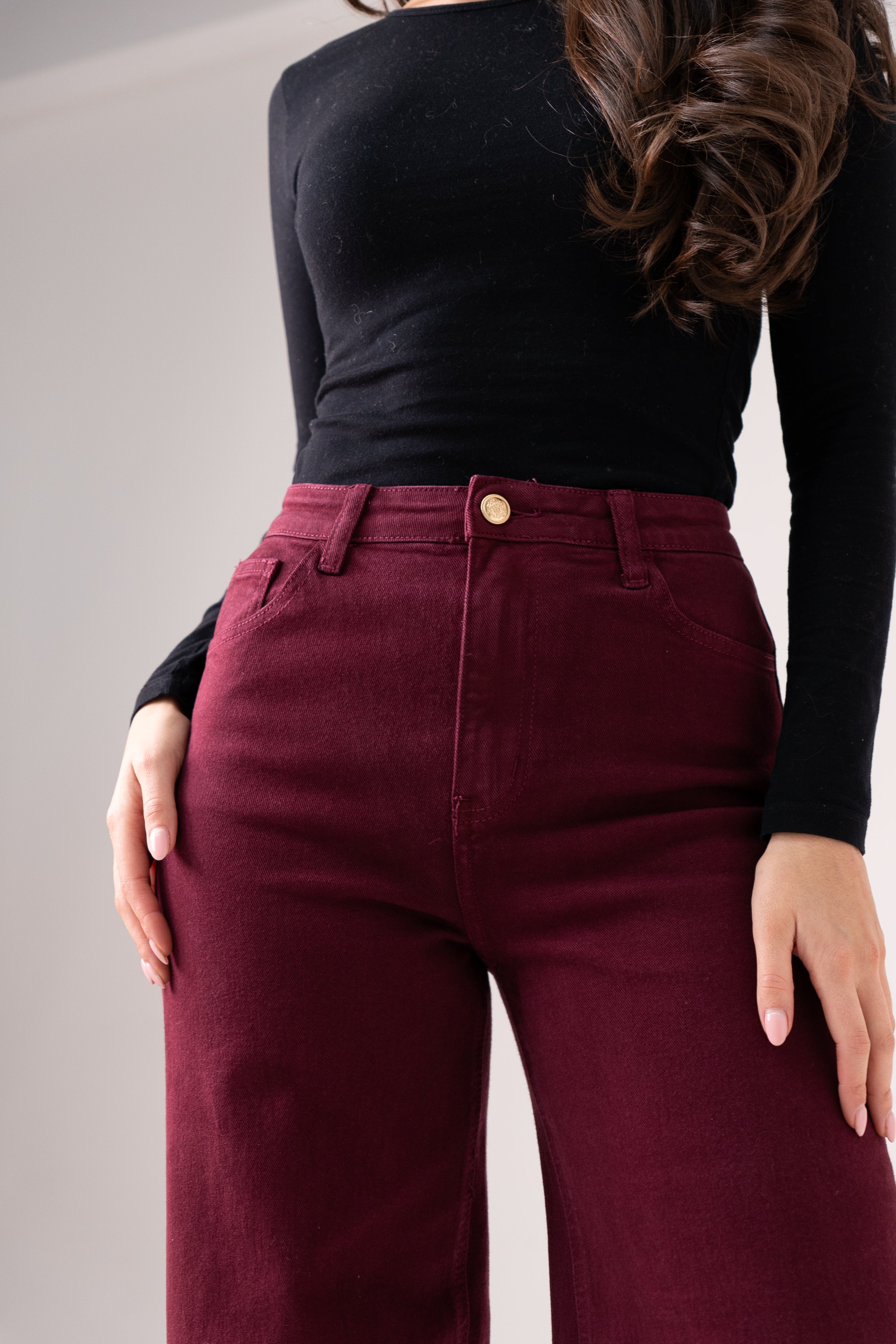 Women's Stretch Denim Jeans | Comfortable Burgundy Everyday Pants 1