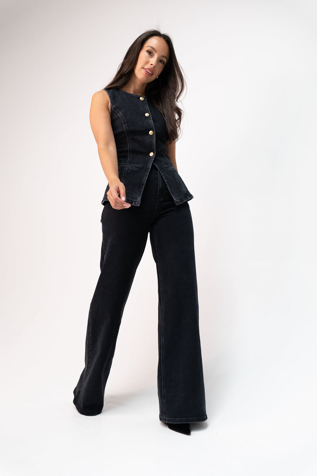 Women's Stretch Denim Wide Leg Jeans | Classic Black Wash Trousers 0