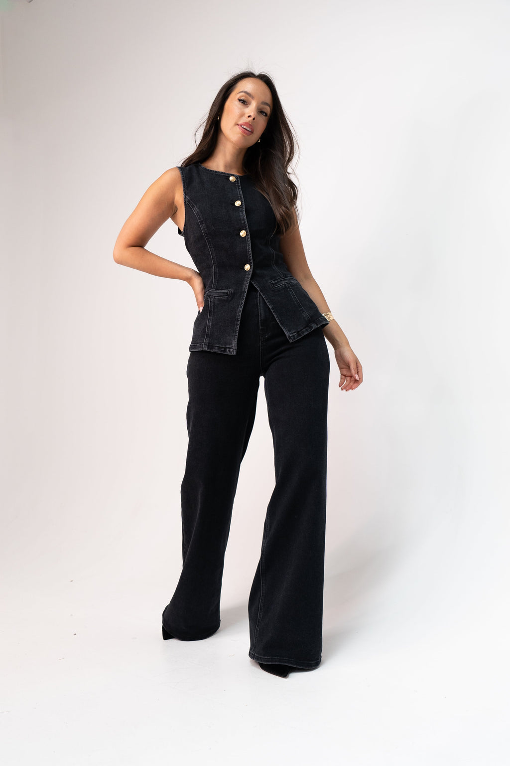 Women's Stretch Denim Wide Leg Jeans | Classic Black Wash Trousers 2