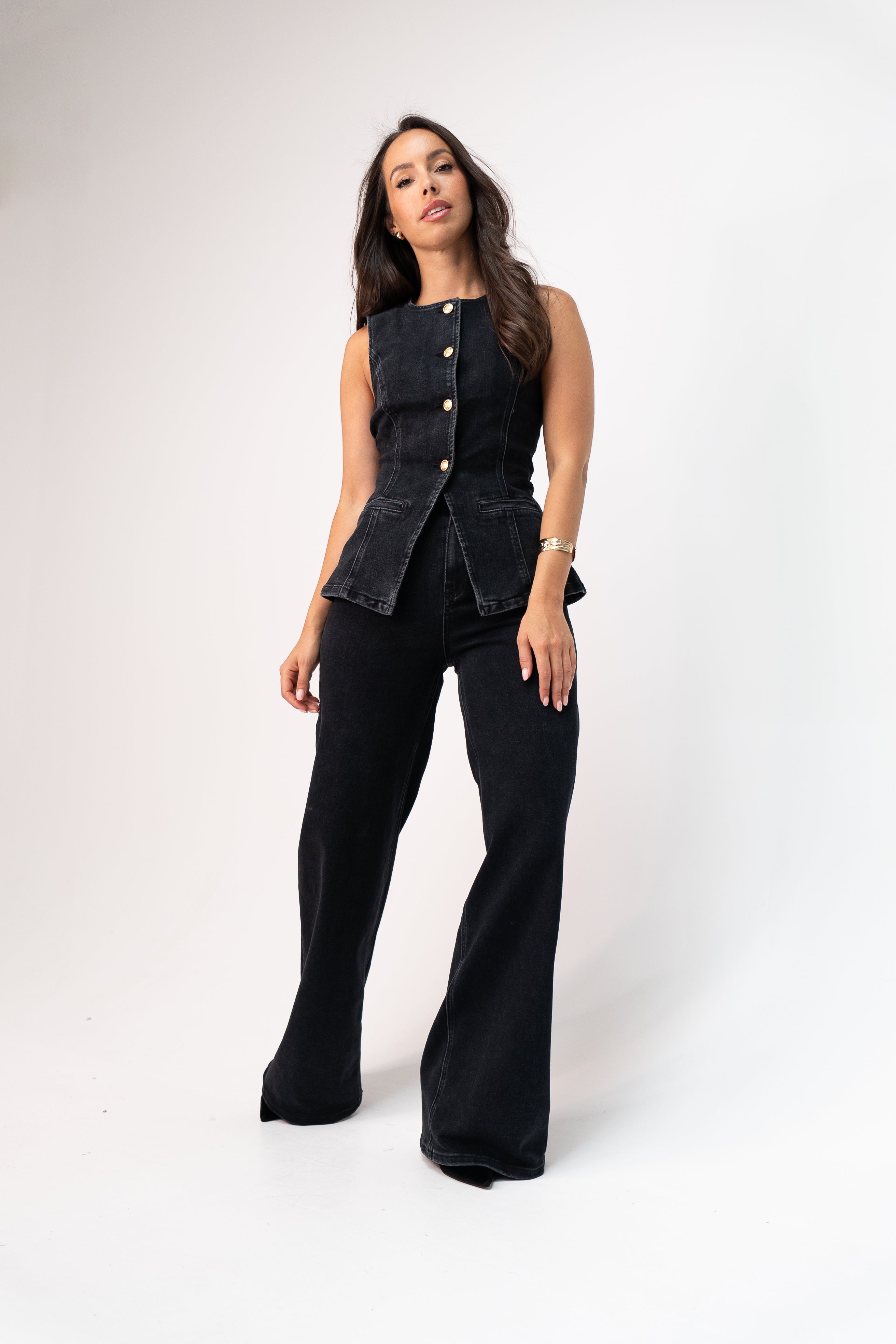 Women's Stretch Denim Wide Leg Jeans | Classic Black Wash Trousers 3