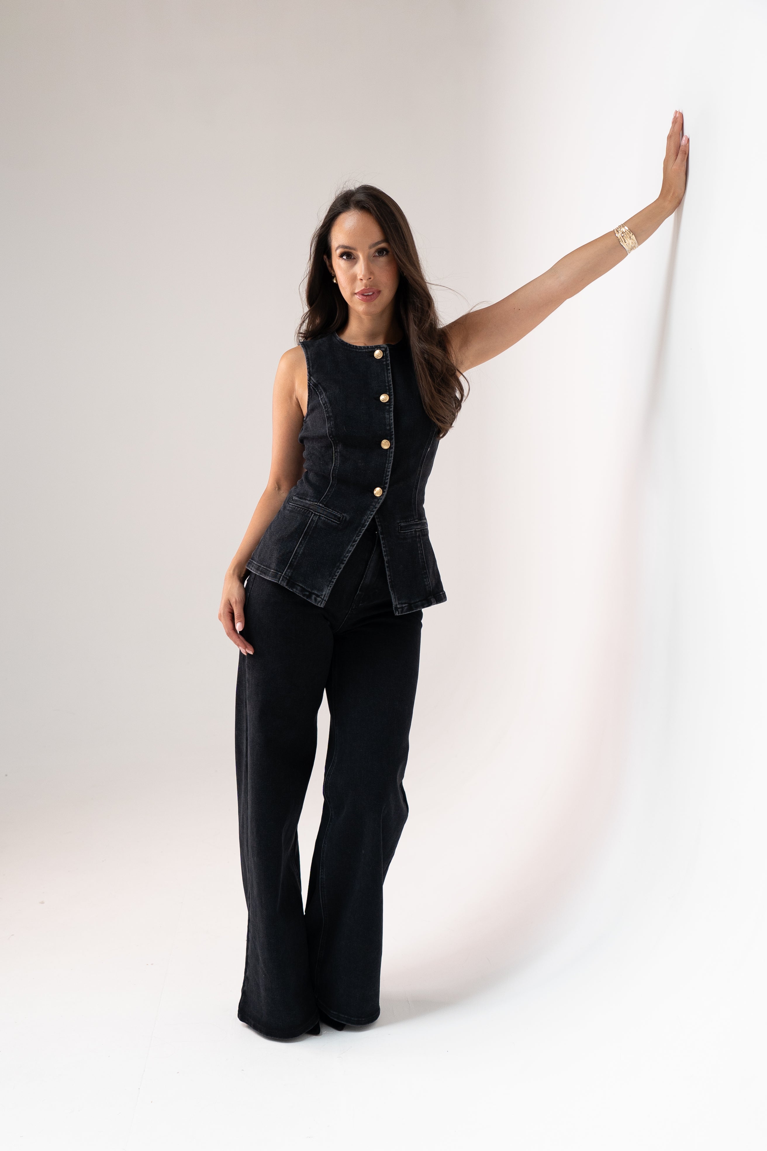 Women's Stretch Denim Wide Leg Jeans | Classic Black Wash Trousers 4