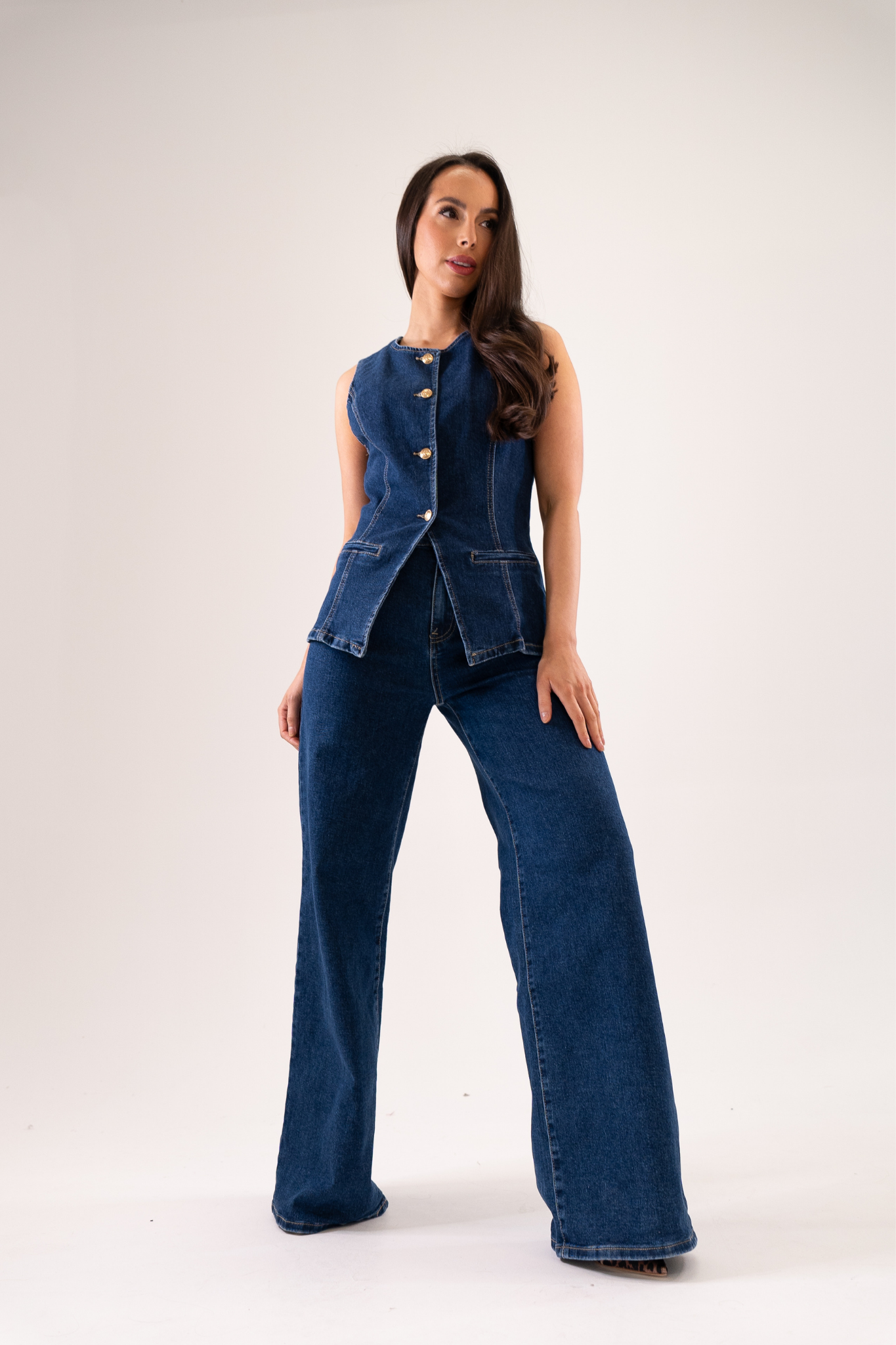 Women's Stretch Denim Wide Leg Jeans | Dark Wash Casual Trousers 0