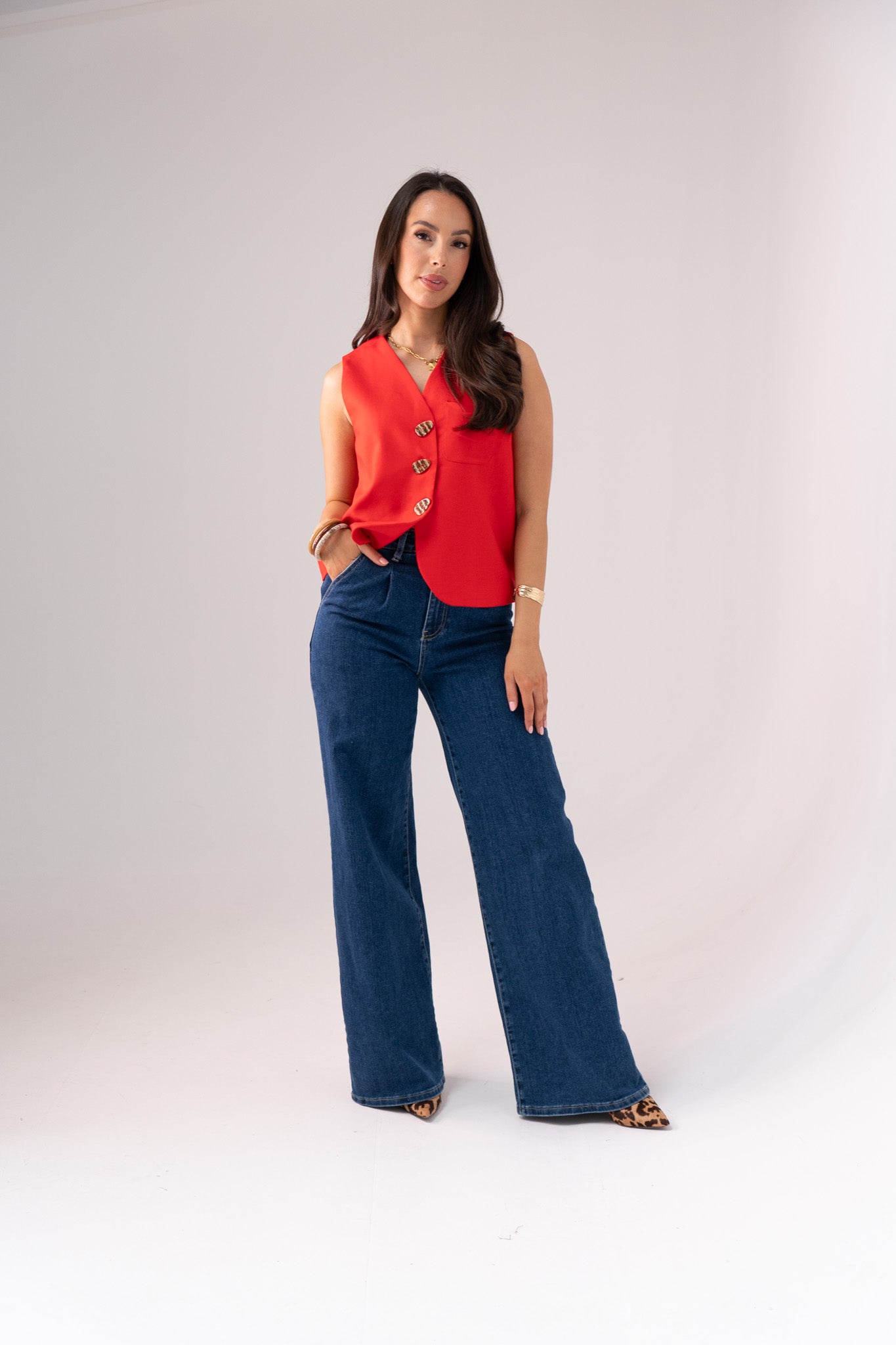 Women's Stretch Denim Wide Leg Jeans | Dark Wash Casual Trousers 1