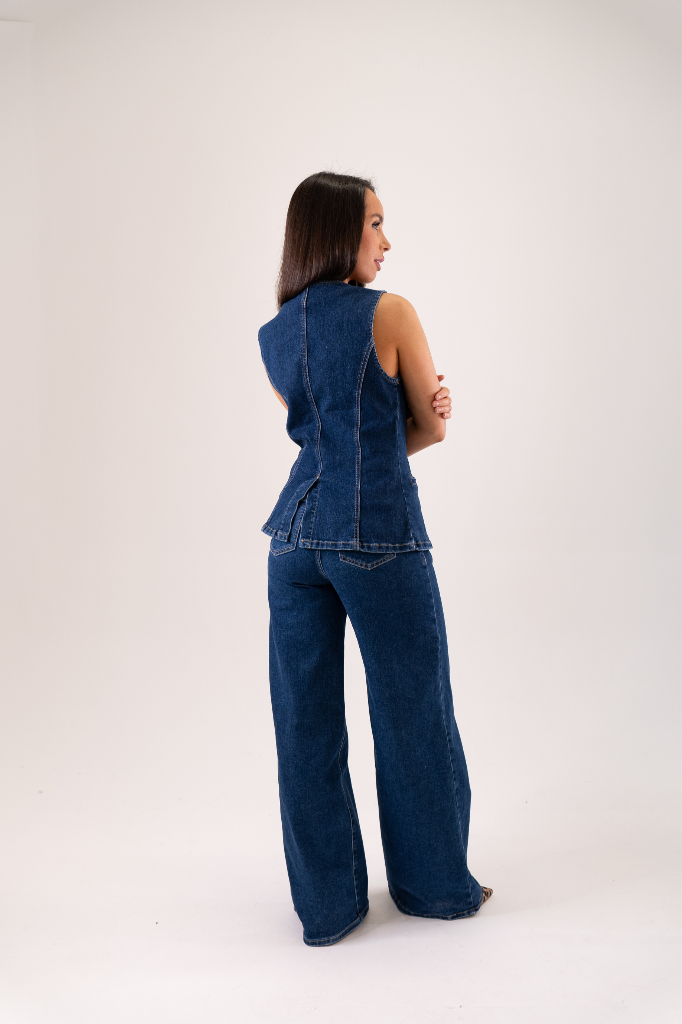 Women's Stretch Denim Wide Leg Jeans | Dark Wash Casual Trousers 6