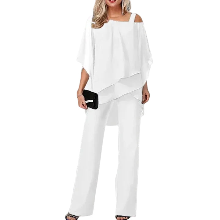 Women's Stylish Layered Two Piece Pants Set | Elegant Asymmetric Top with Matching Trousers 0