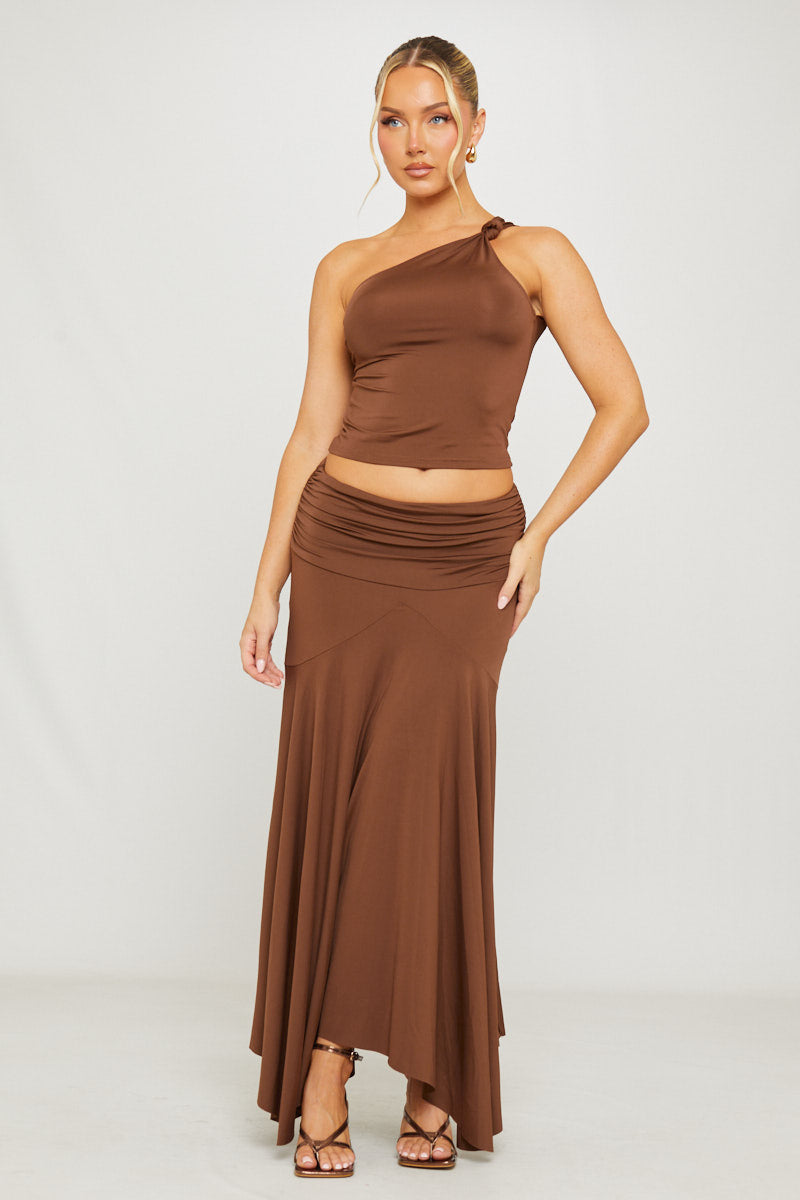 Women's Stylish Polyester Co-Ord Set | Elegant One Shoulder Top and Pleated Maxi Skirt 0