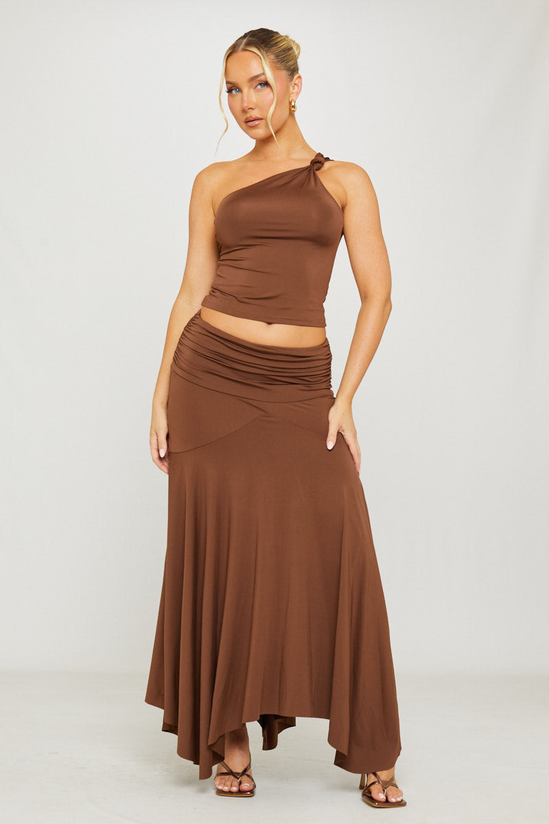Women's Stylish Polyester Co-Ord Set | Elegant One Shoulder Top and Pleated Maxi Skirt 1