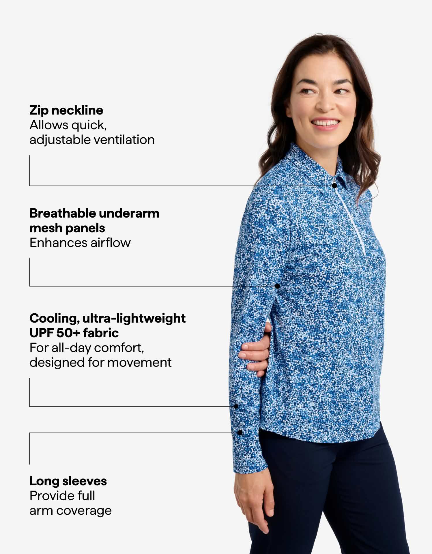 Women's UPF 50+ Floral Zip Polo Shirt | Relaxed Fit Lightweight Sun Protection 1