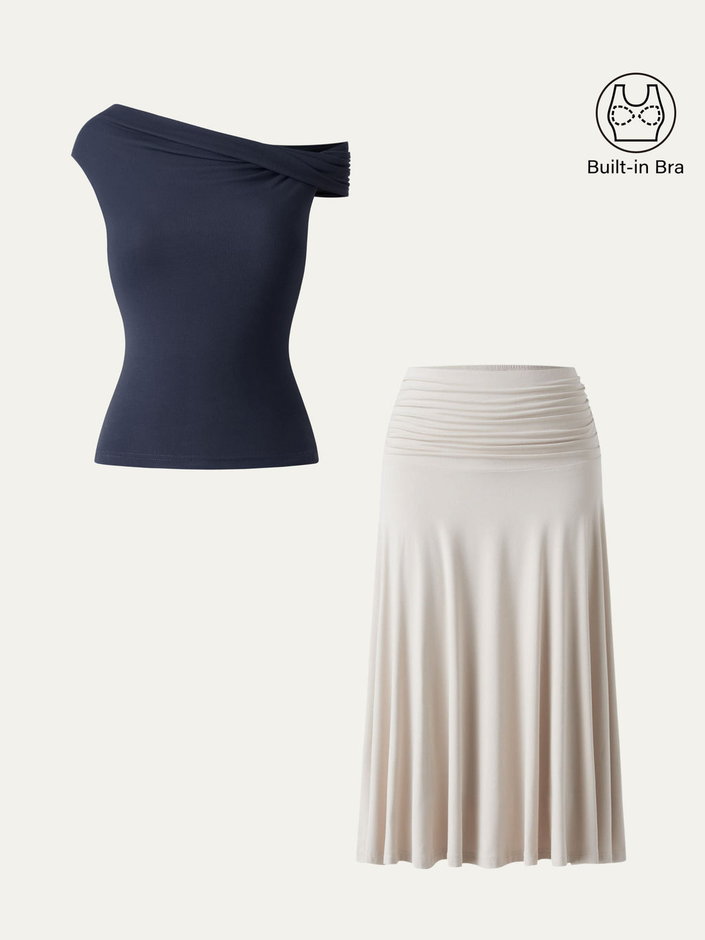 Women's Versatile Fabric Bra Top & Side Ruched A-Line Midi Skirt | Stylish Two-Piece Set 0