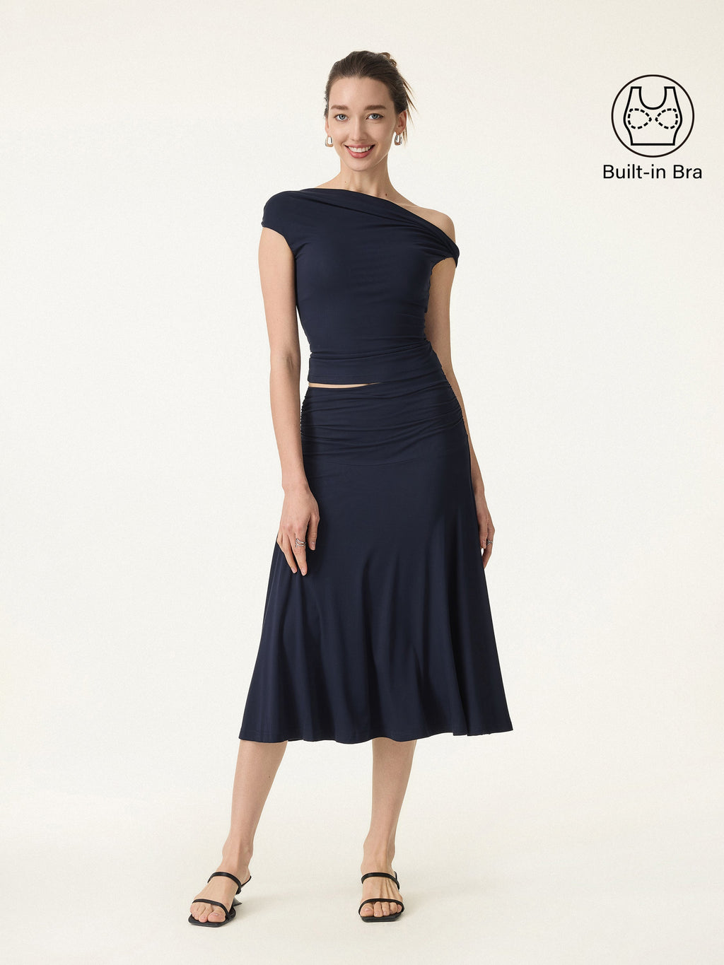 Women's Versatile Fabric Bra Top & Side Ruched A-Line Midi Skirt | Stylish Two-Piece Set 7