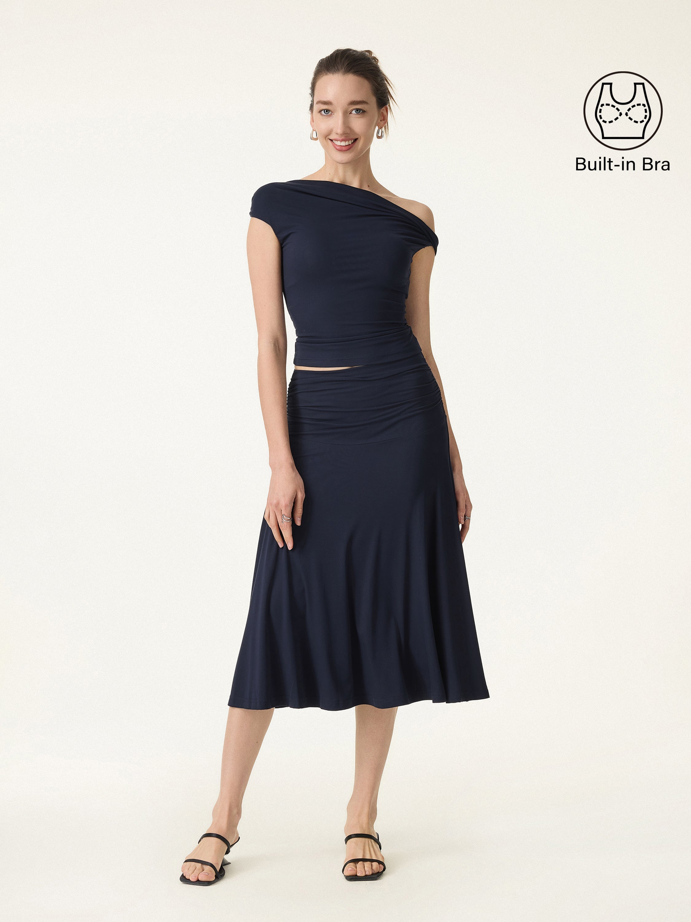 Women's Versatile Fabric Bra Top & Side Ruched A-Line Midi Skirt | Stylish Two-Piece Set 7