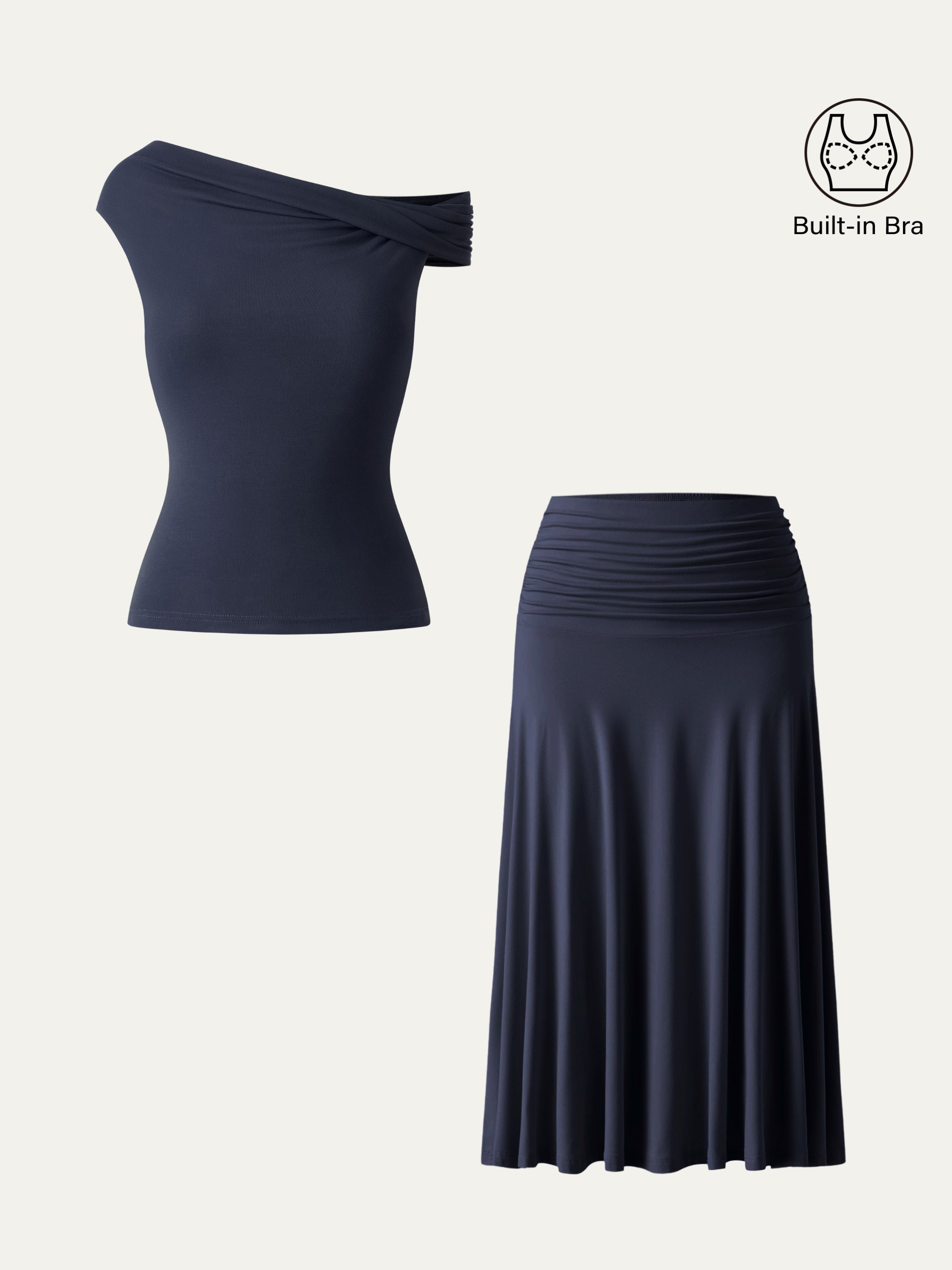 Women's Versatile Fabric Bra Top & Side Ruched A-Line Midi Skirt | Stylish Two-Piece Set 8