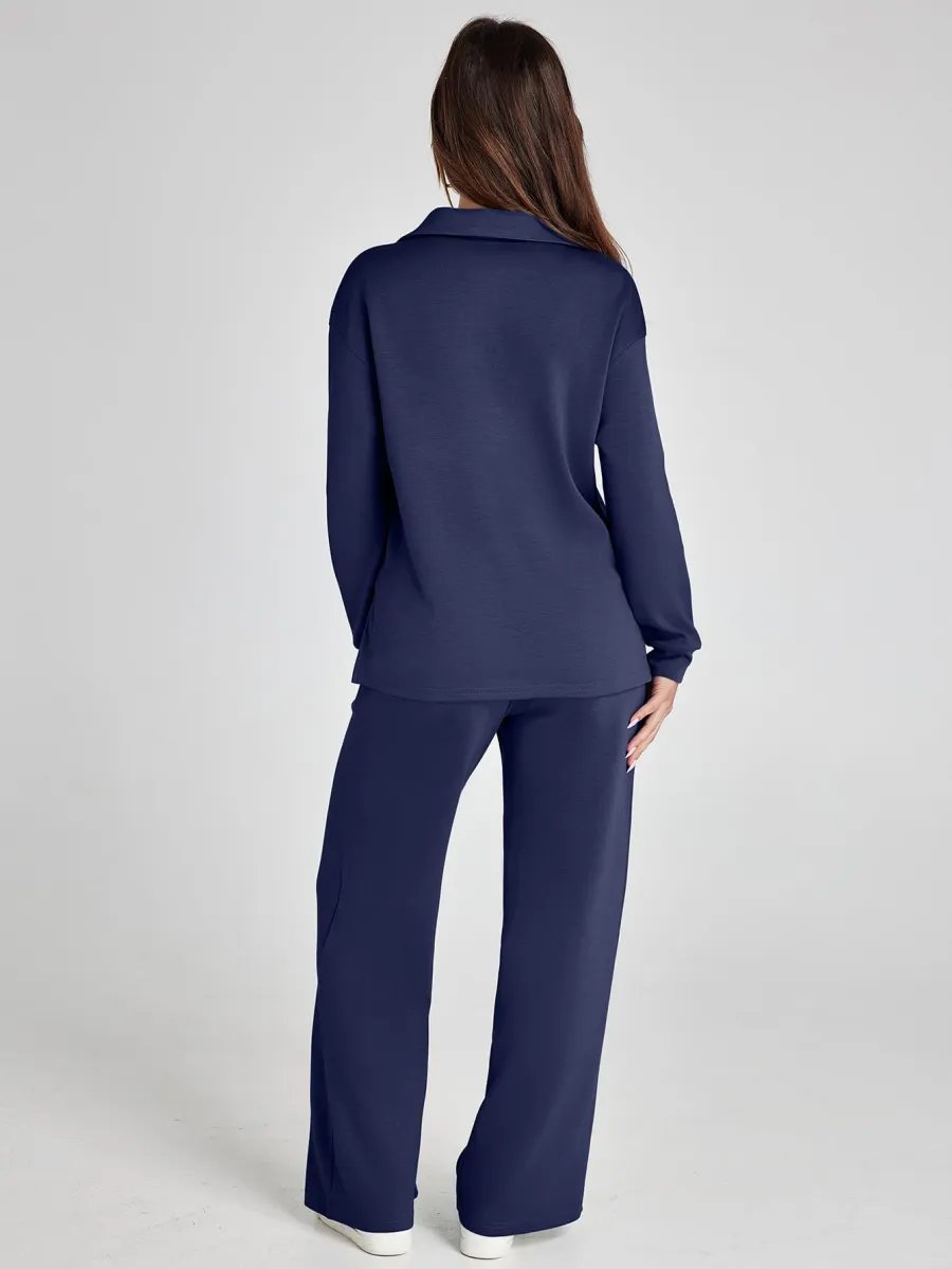 Women's Viscose Two-Piece Set | Stylish V-Neck Long Sleeve Top and Wide-Leg Pants 1
