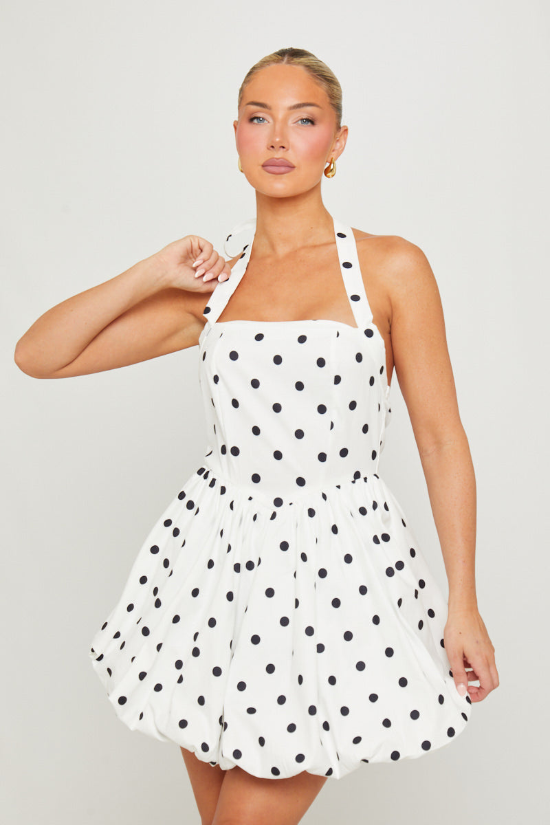 Women's White Polka Dot Mini Dress | Flirty Puffball Summer Cocktail Dress 0